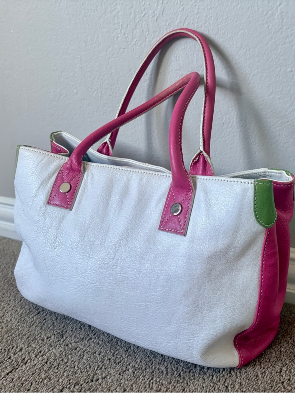 White Tote Bag with Pink Accents and Green Trim